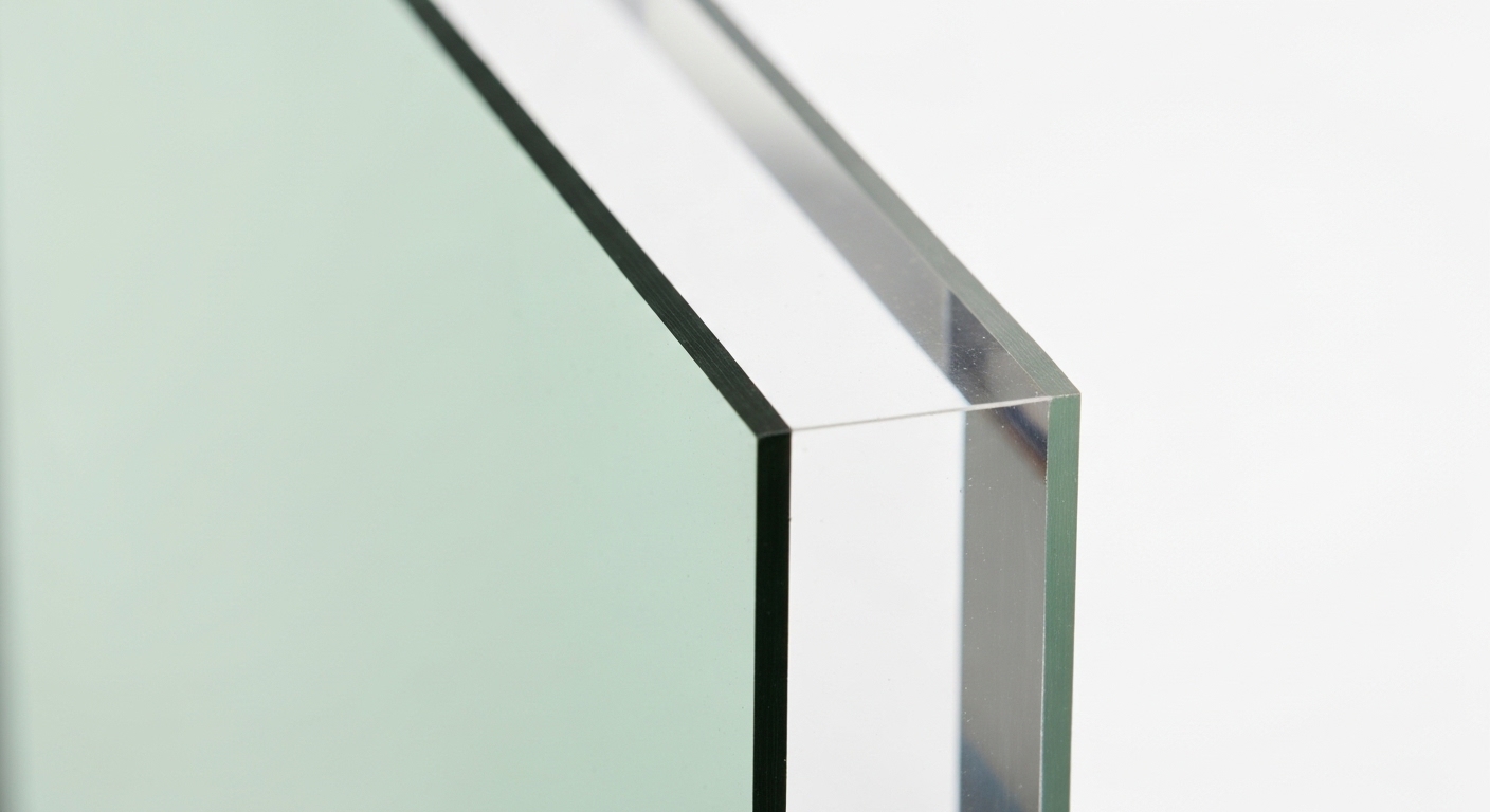 Side-by-side comparison of glass edge showing green tint versus acrylic edge showing clear transparency.