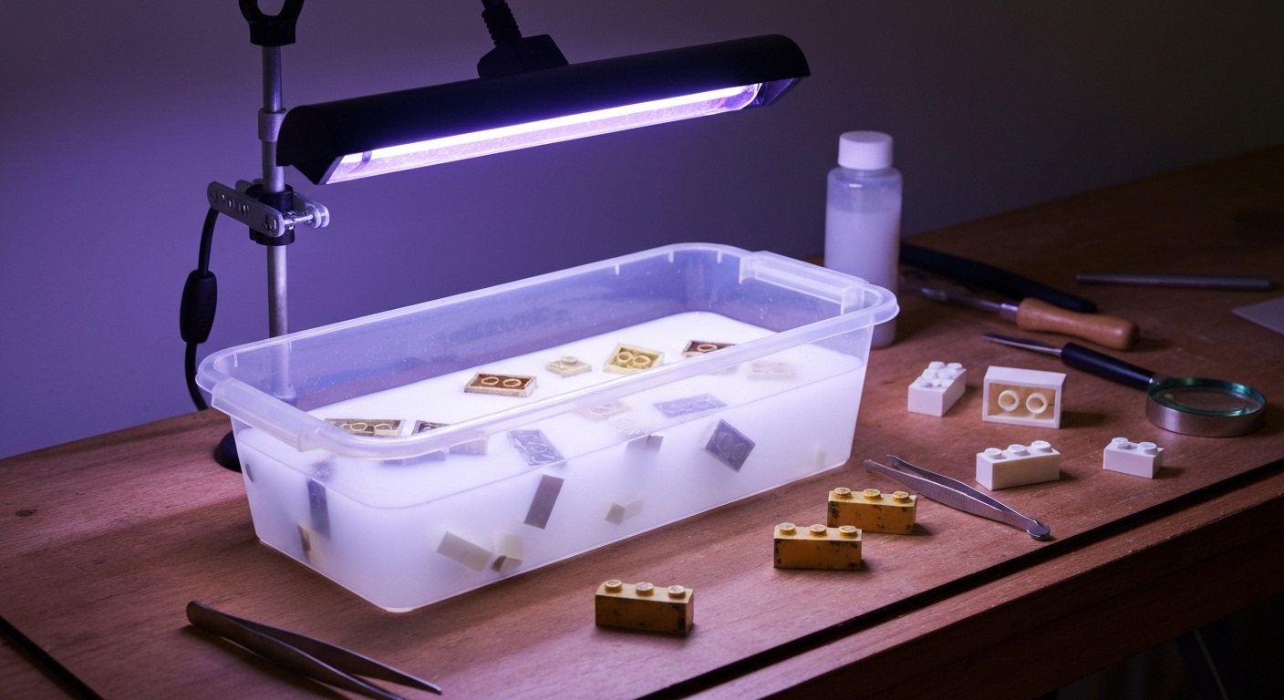 A clear bin filled with hydrogen peroxide and yellow LEGO bricks sitting under a UV lamp.