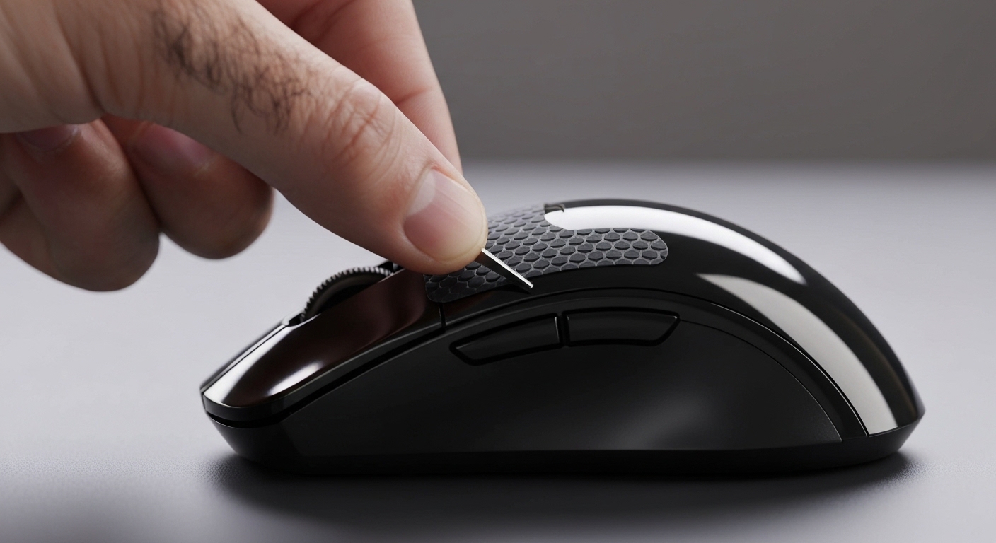 A glossy black gaming mouse (with coating stripped) having a textured black rubber grip sticker applied to the side.