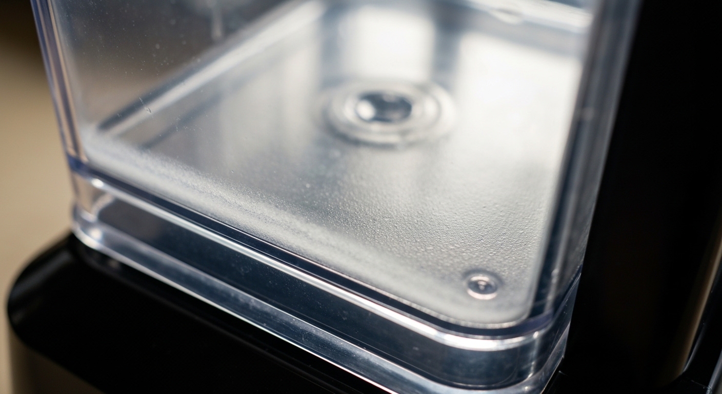 Coffee maker water reservoir with visible biofilm slime.