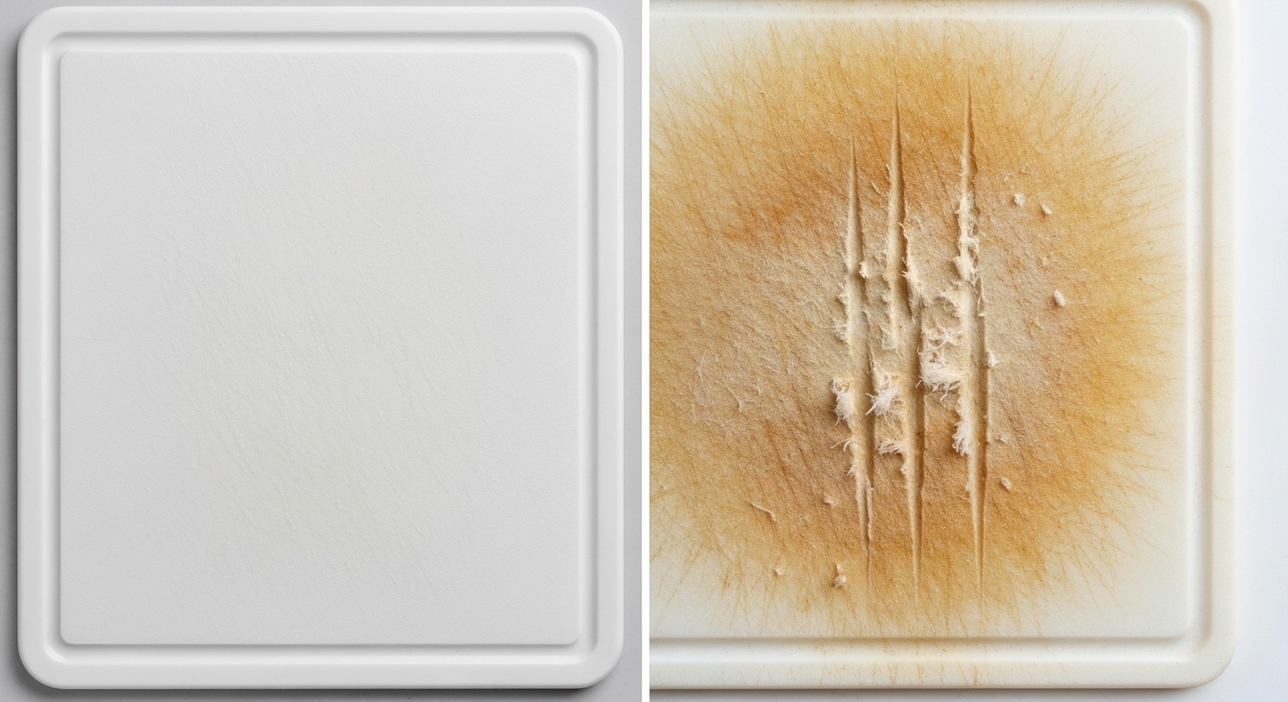 Close-up comparison of smooth new plastic cutting board vs old scarred board with deep grooves.