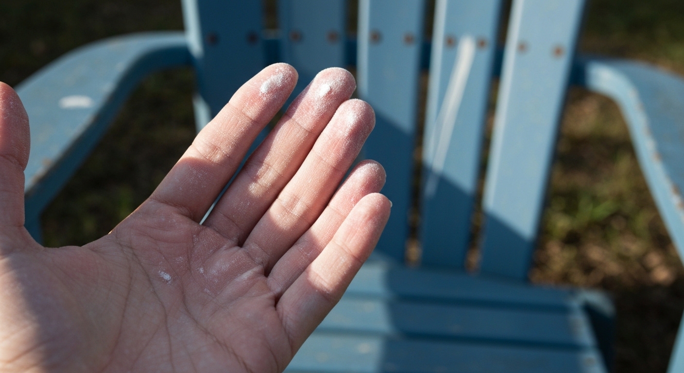 White oxidized plastic powder residue on fingers after touching a faded chair.