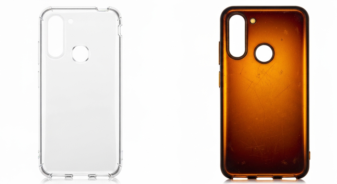 New clear TPU phone case next to an old yellowed degraded case.