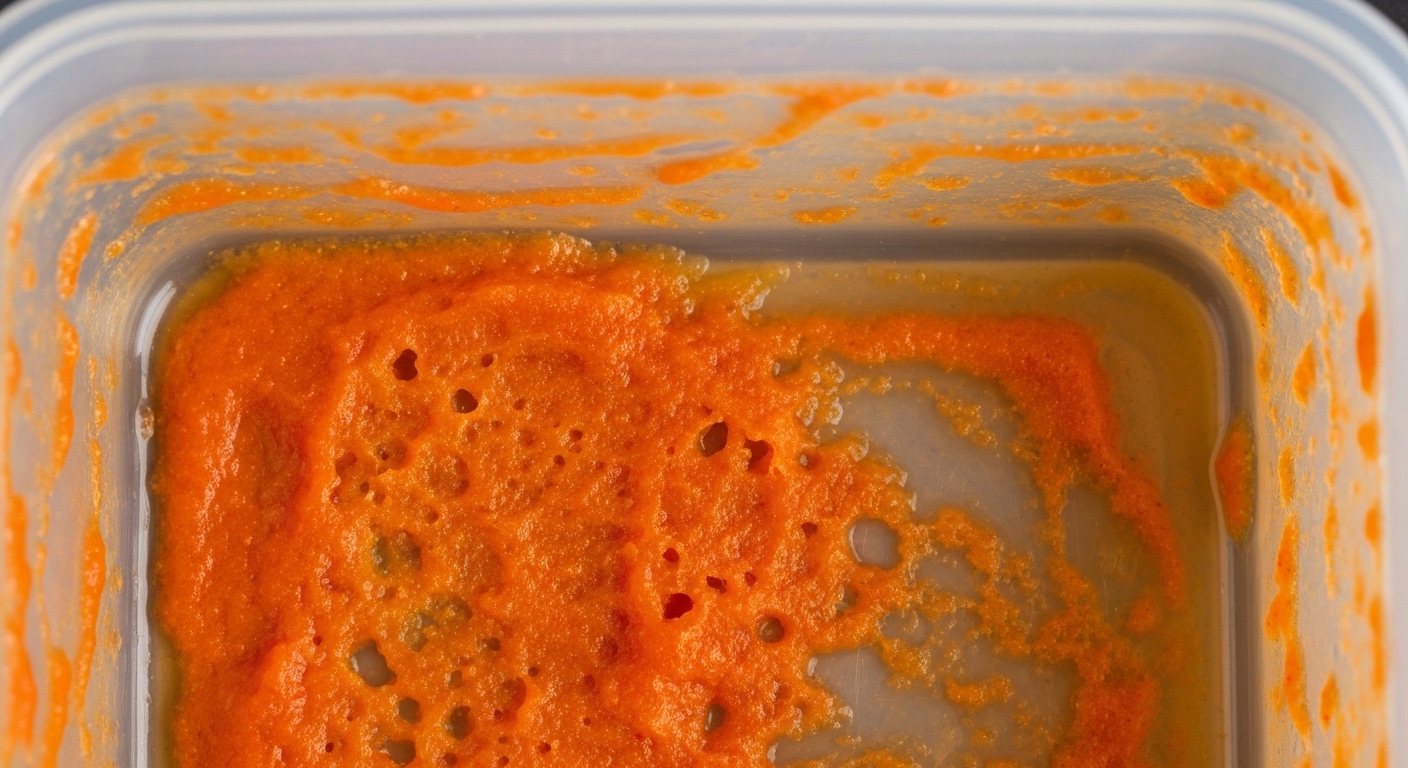 Plastic food container with orange stains and pitting from tomato sauce.
