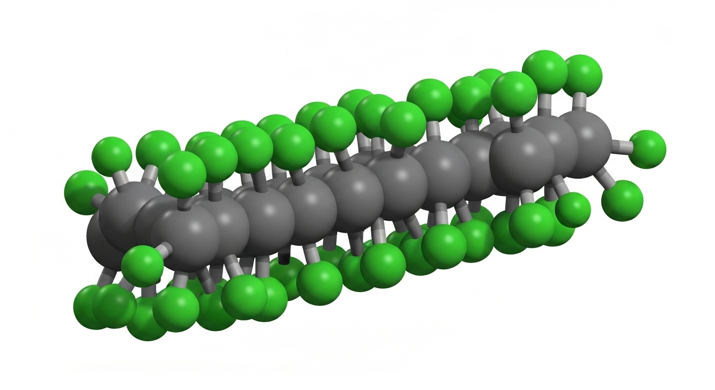 Chemical diagram of PTFE showing Carbon backbone shielded by Fluorine.