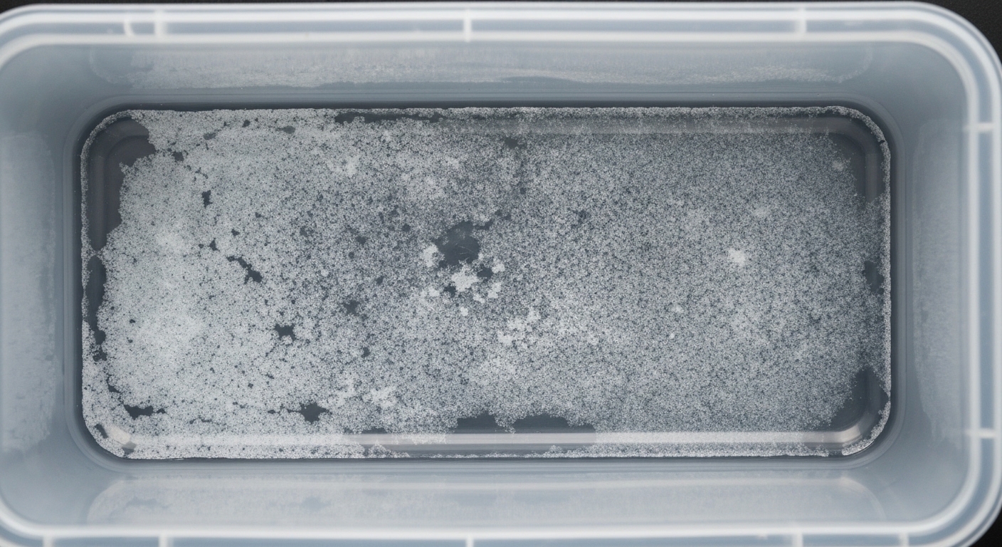 White rough chalky residue inside a clear plastic food container.
