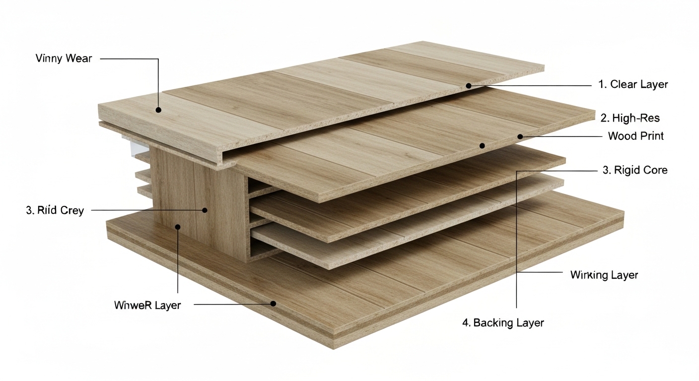Cross section layer diagram of Luxury Vinyl Plank flooring.
